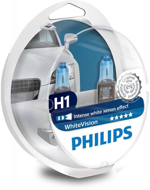 Philips White Vision H1 pære med Xenon effekt & +60% mere lys 2 stk + (2 stk. W5W) Philips White Vision +60% mere lys