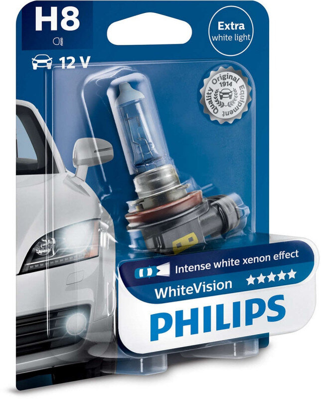 Philips White Vision H8 pære med Xenon effekt & +60% mere lys (1 stk) Philips White Vision +60% mere lys