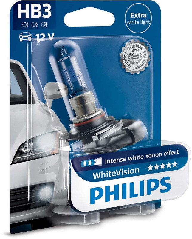 Philips White Vision HB3 pære med Xenon Effekt & +60% mere lys (1 stk) Philips White Vision +60% mere lys