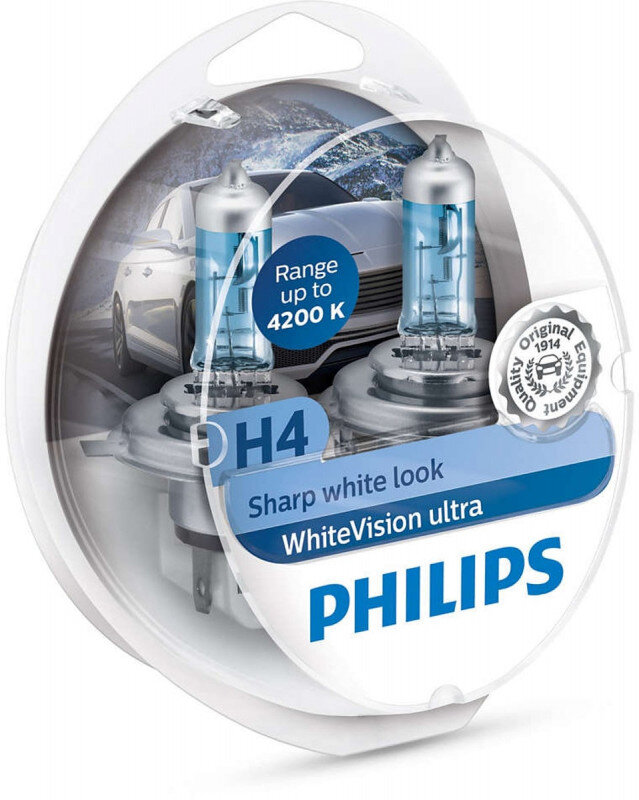 Philips WhiteVision Ultra H4 pærer 2 stk. Kit +60% mere lys | hvidt lys (op til 4200K) Philips WhiteVision Ultra +60% mere lys