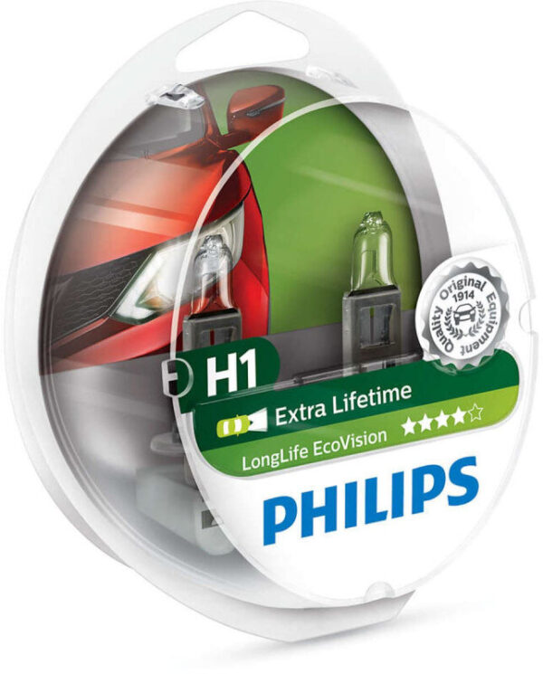 Philips H1 Longlife EcoVision pærer med op til 4x længere levetid (2 stk) Philips LongLife EcoVision x4