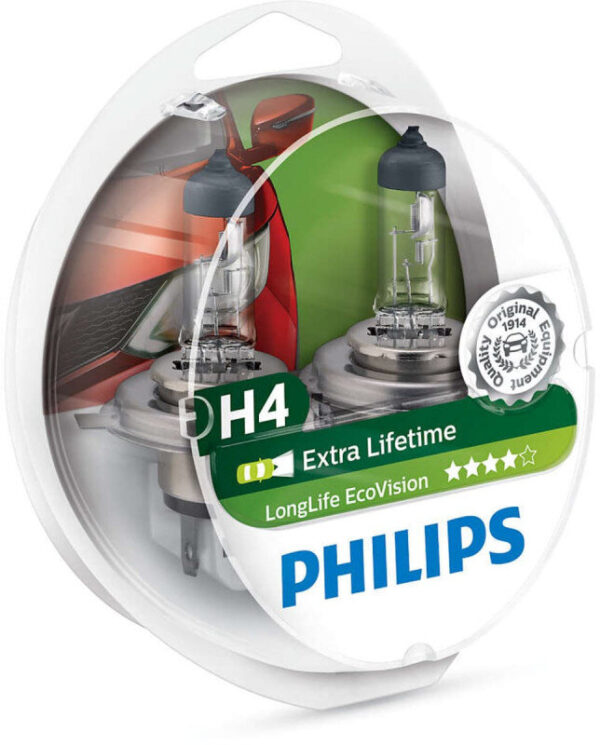 Philips H4 Longlife EcoVision pære med op til 4x længere levetid Philips LongLife EcoVision x4