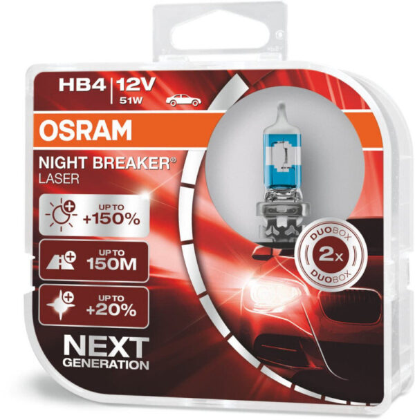 Osram Night Breaker Laser HB4 pærer +150% mere lys (2 stk) pakke Osram Night Breaker Laser +150%
